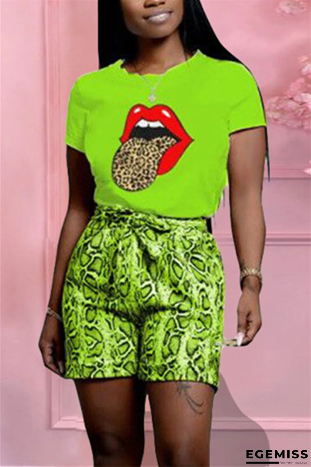 Green Fashion Casual Printed T-shirt Shorts Set | EGEMISS