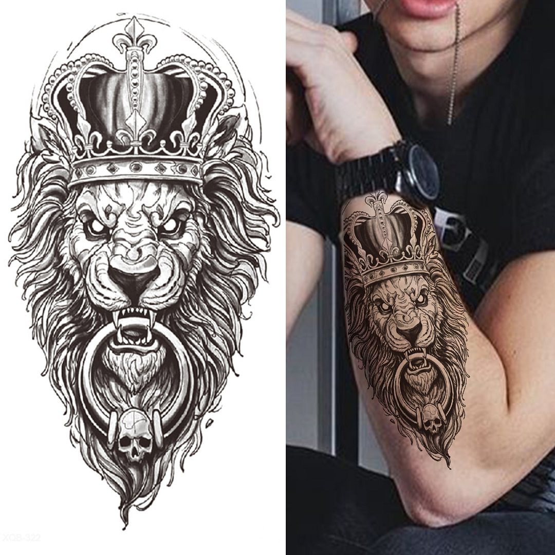 Lion King Temporary Tattoos For Men Women Adult Black Tiger Skull Cross Tattoo Sticker Realistic Fake Animal 3D Tatoos Covers Up
