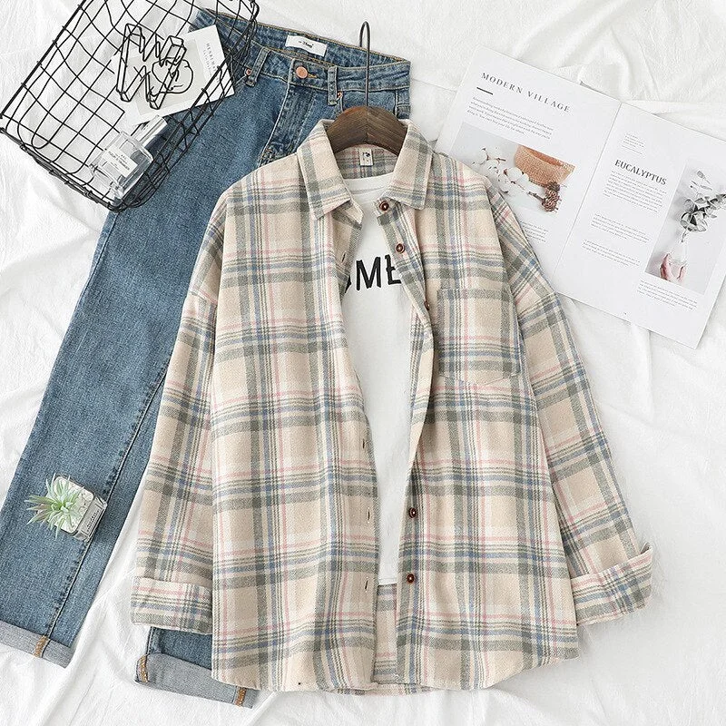 Autumn Winter Plaid Shirts Women Loose Blouses Woolen Lady Tops Female Clothes Outwear