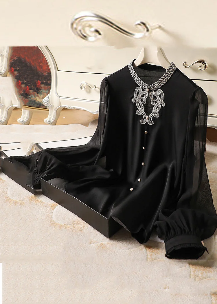 Bohemian Black Embroideried Button Silk Shirts Long Sleeve