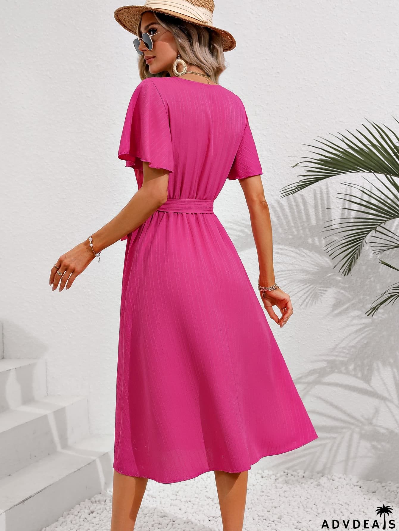 Surplice Neck Tie Belt Midi Dress