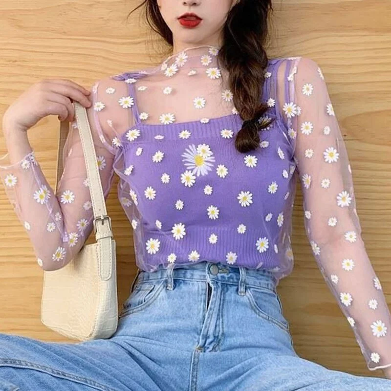 New small fresh summer daisy flower net cloth printed T-shirt Korean women long-sleeved fishnet T-shirt top Fashion sun protecti