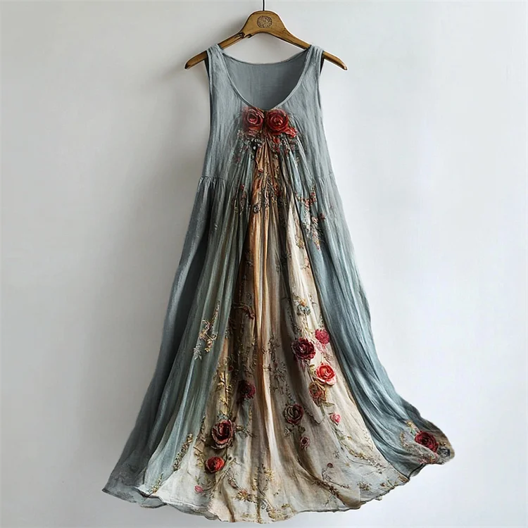 Vintage Roses Floral Flowy Linen Maxi Tank Dress