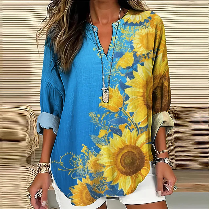 Ukrainian Sunflower Art Print V-neck Linen Blend Blouse