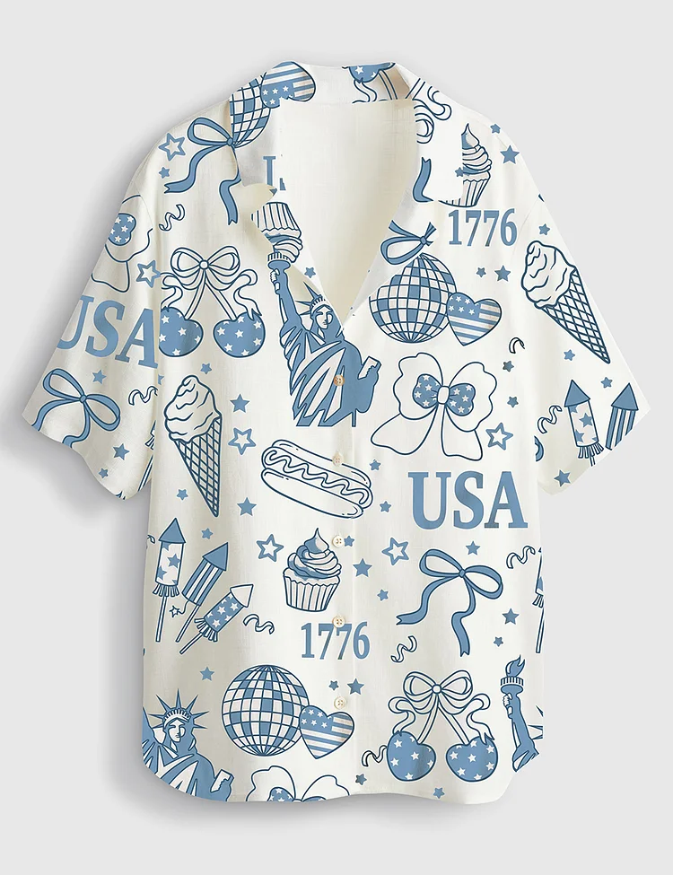 Women&rsquo;s Retro America Coquette Preppy 4th Of July Girly Memorial Day Vintage USA Short Sleeve Linen Blend Hawaiian Shirt