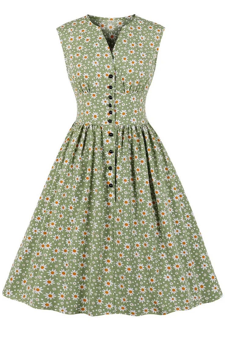 1950s Green Retro Sleeveless Ditsy Floral Print Button Midi Dresses