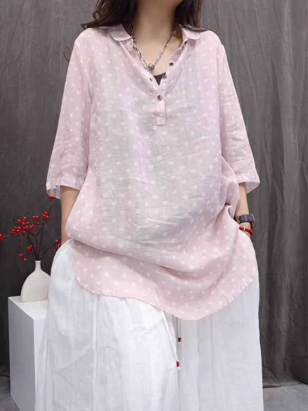 Polka Dot Short Sleeve Chest Pocket Loose Shirts