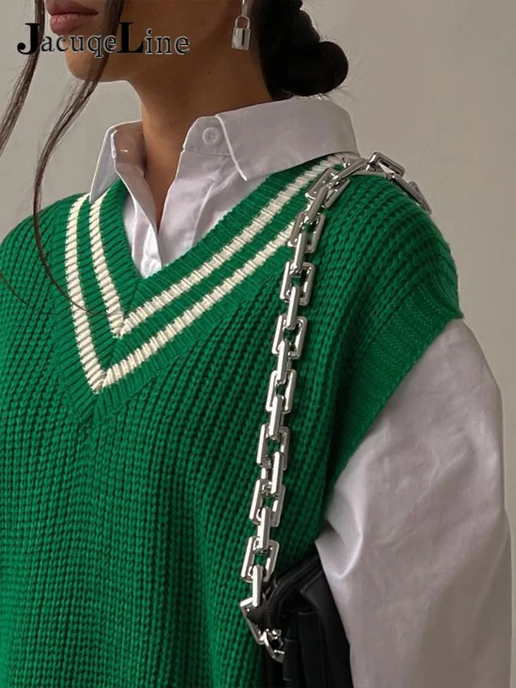 Jacuqeline Y2K Green Knitted Women Vest Sweater Top 2022 Clothing Autumn Winter Sleeveless Vintage V Neck Woman Vest Tops Street