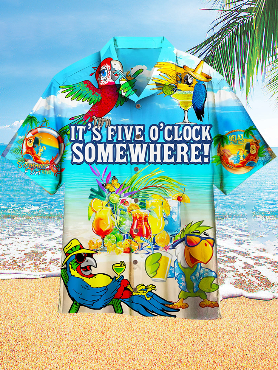 Men's Fun Parrot Beach Holiday Party Print Short Sleeve Shirt PLUSCLOTHESMAN