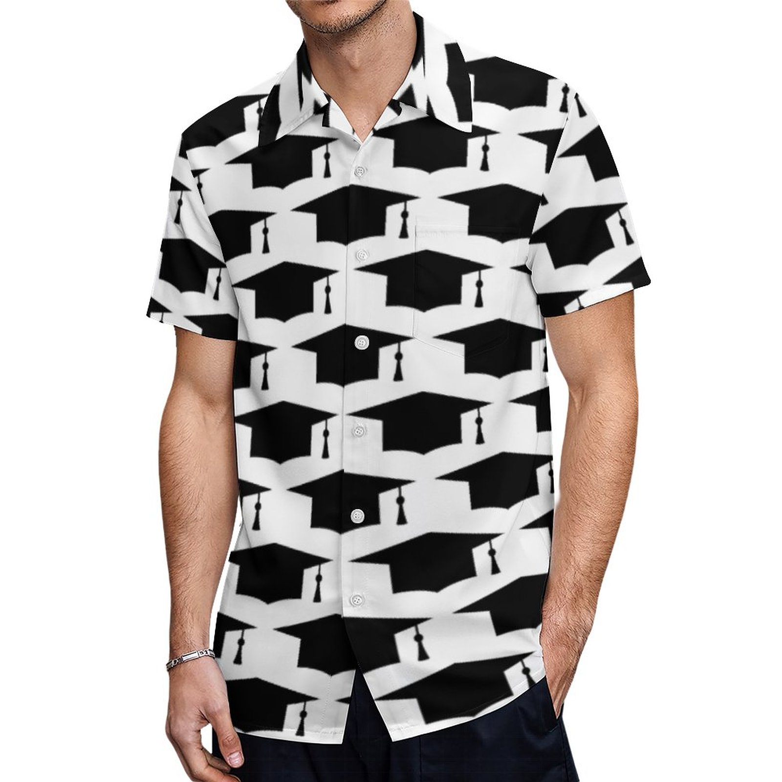 Graduation For Black Tassel Hat Print Hawaiian Shirt Mens Button Down Plus Size Tropical Hawaii Beach Shirts