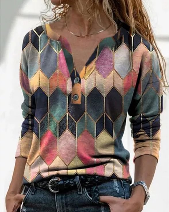 Women Casual Geometric Color Block Long Sleeve Shirts