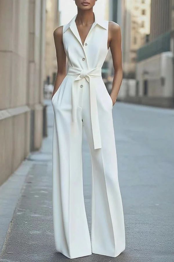 Fashion Lapel Sleeveless High Waist Tie Casual Pocket Wide Leg Jumpsuit