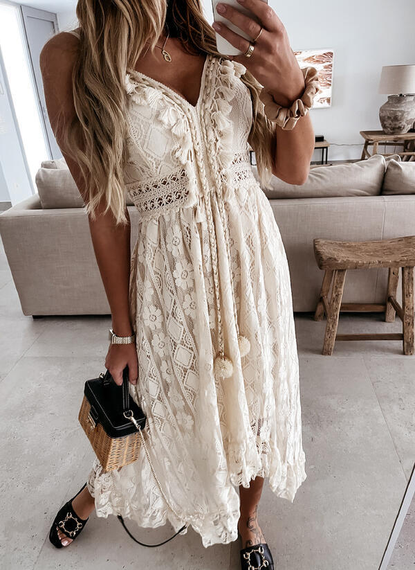 Women Lace Strap Sleeveless V-neck Hollow Out Vacation Dress