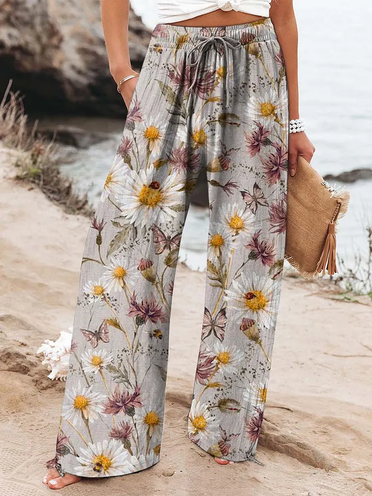 Women's Lovely Floral Art Printed Cotton And Linen Casual Pants