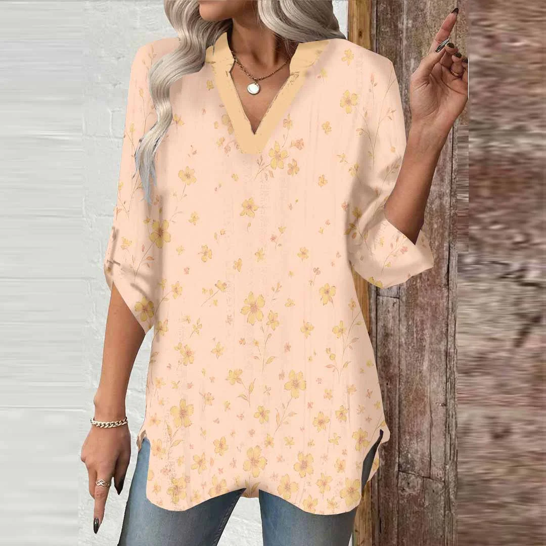 Women Apricot, Floral DZGA0515 3/4 Sleeve V-neck Printed Graphic Button Tops