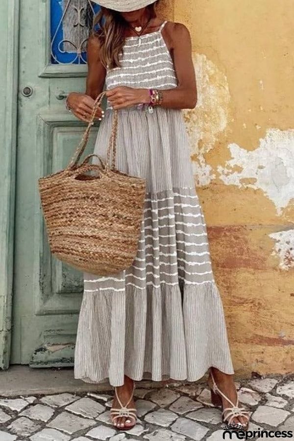 Stripe Patchwork Halter Neck Maxi Dress