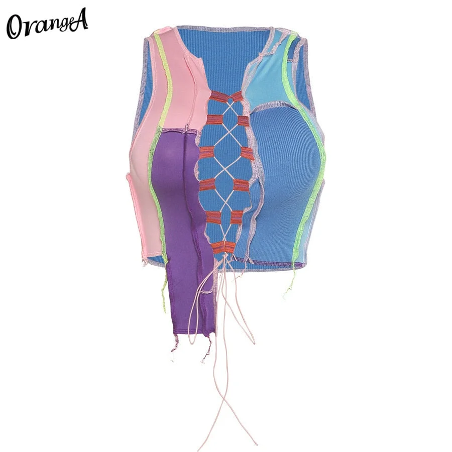 OrangeA Women Ribbed Sexy Hollow Out Clubwear Y2K Top Striped Patchwork Stretchy Bandage Drawstring Sleeveless Party Streetwear