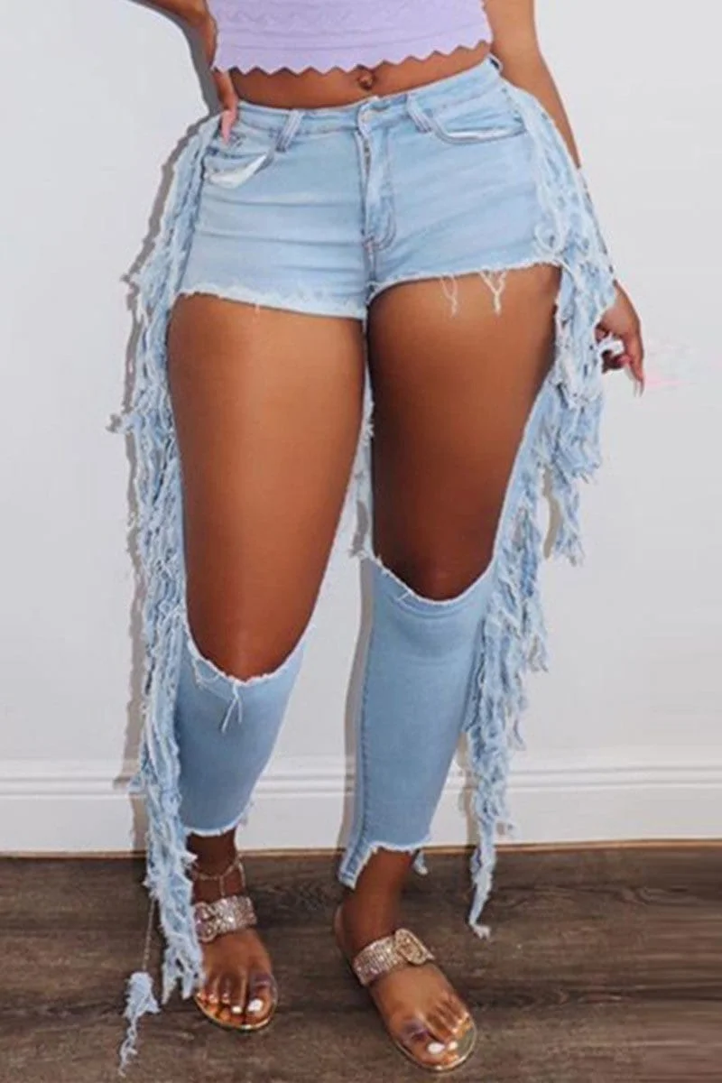 Fashion Hole Skinny Tassel Design Jeans