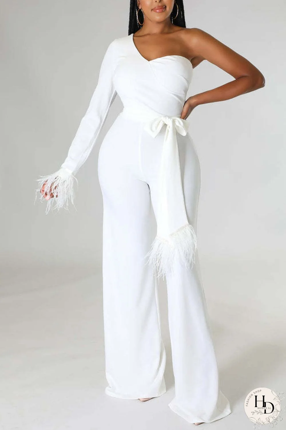 Black Casual Solid Bandage Patchwork Feathers Asymmetrical Collar Regular Jumpsuits