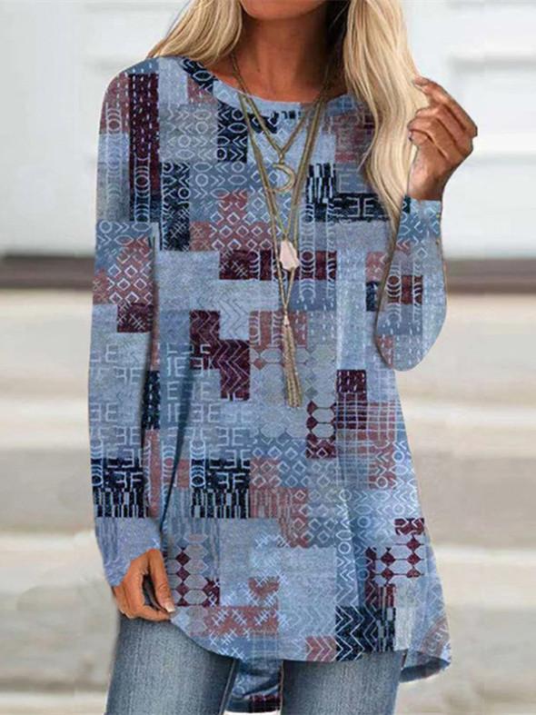 Women Long Sleeve Scoop Neck Graphic Geometric Top