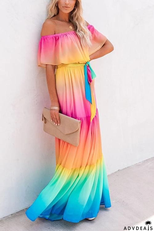 Gradient Off Shoulder Belted Maxi Dress