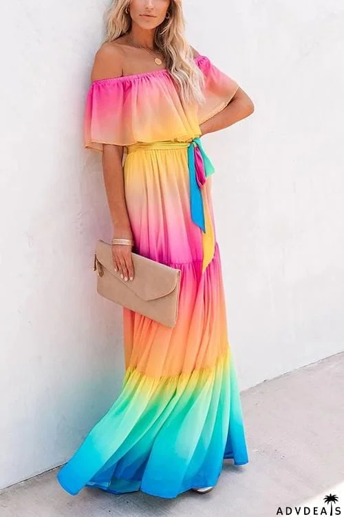 Gradient Off Shoulder Belted Maxi Dress