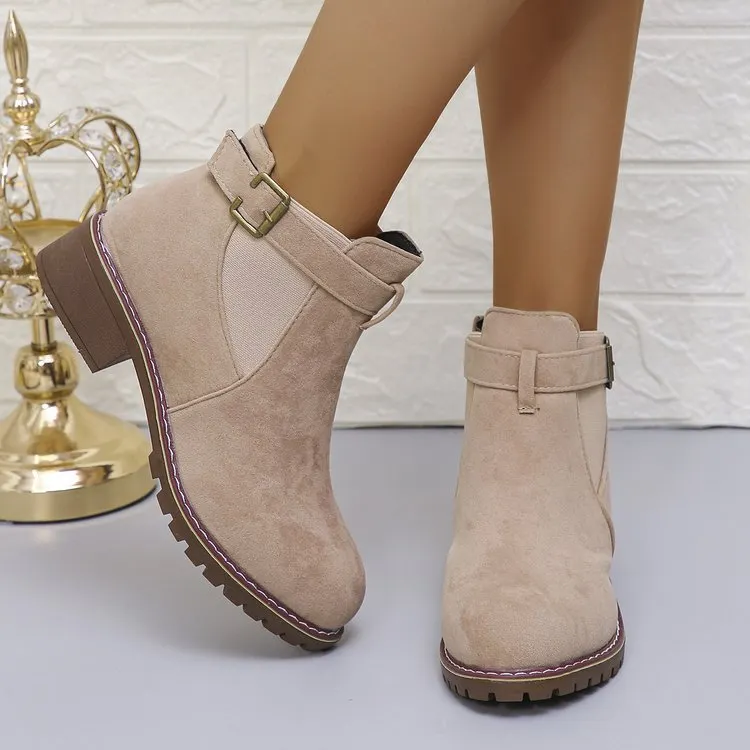 Breakj Breakj Women's Boots 2025 Autumn And Winter New Martin Boots Low-Heeled Square Belt Buckle Short Cylinder Tight Velvet Surface