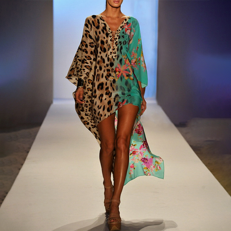 VChics Fashion Leopard-print Paneled V Neck Resort Maxi Dress