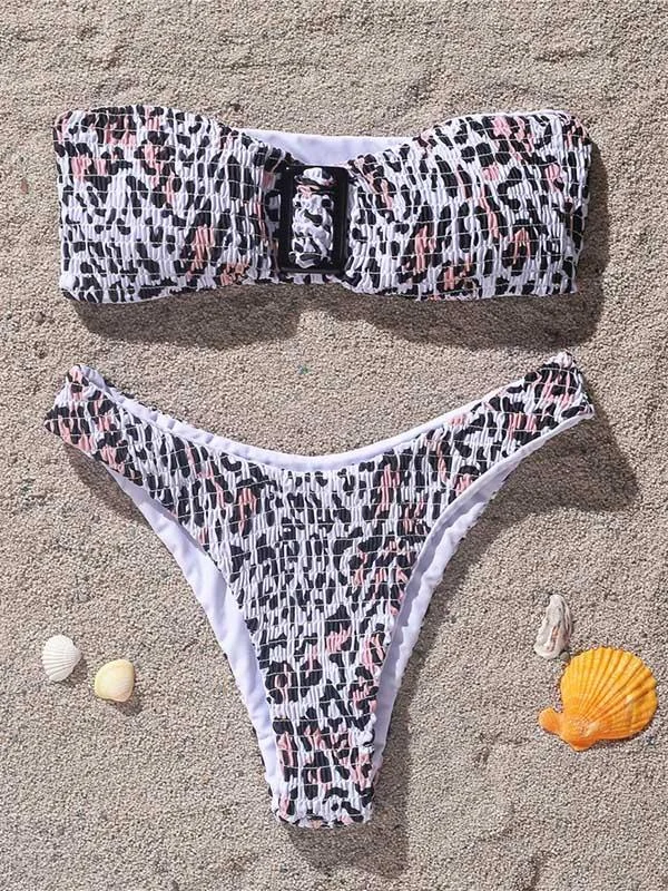 Leopard Print Embellished Bandeau Split Bikini Swimsuit