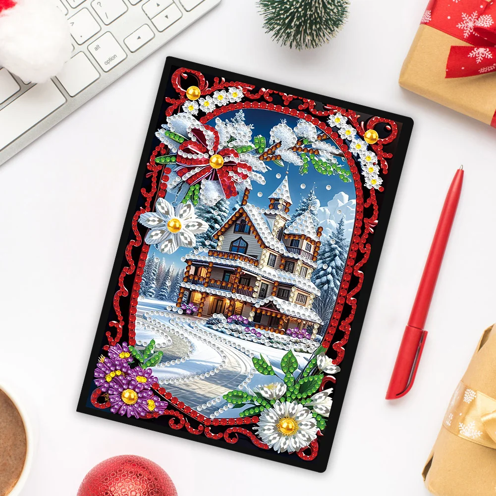 Christmas House A5 Size Diamond Painting Notebook Set with 4Pcs Bookmark Gift