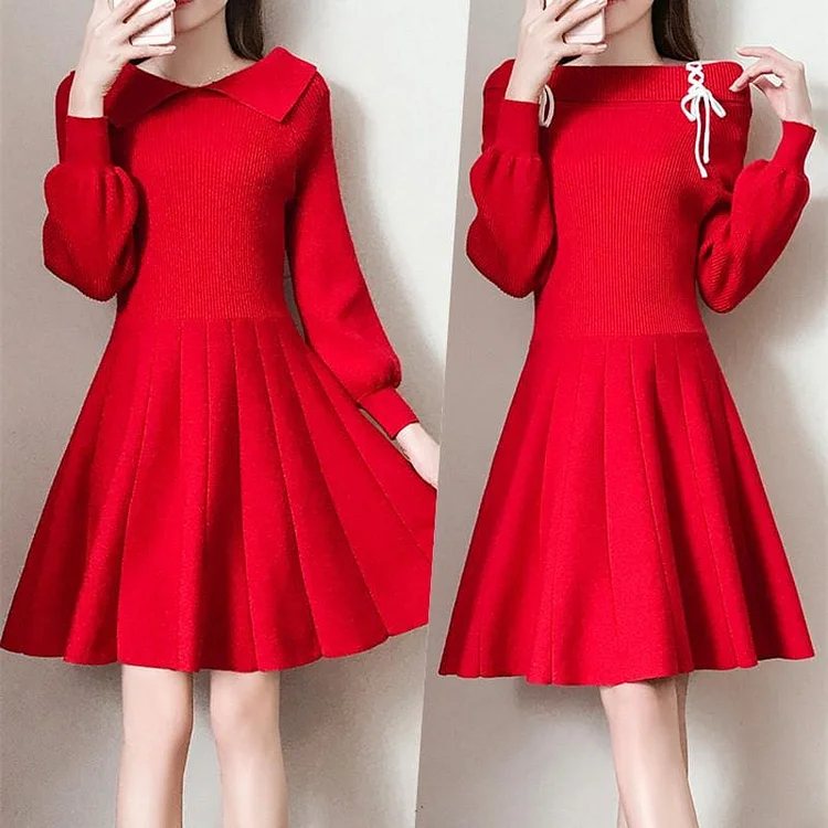 Red/Black/Pink Sweet Off-Shoulder Knitting Dress S13019