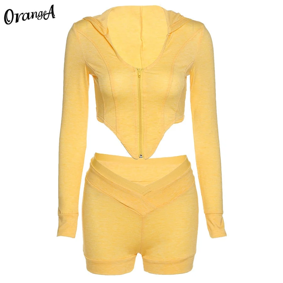 OrangeA women tracksuit fitness long sleeve v-neck zipper crop top biker shorts two piece outfits sporty fitness slim streetwear