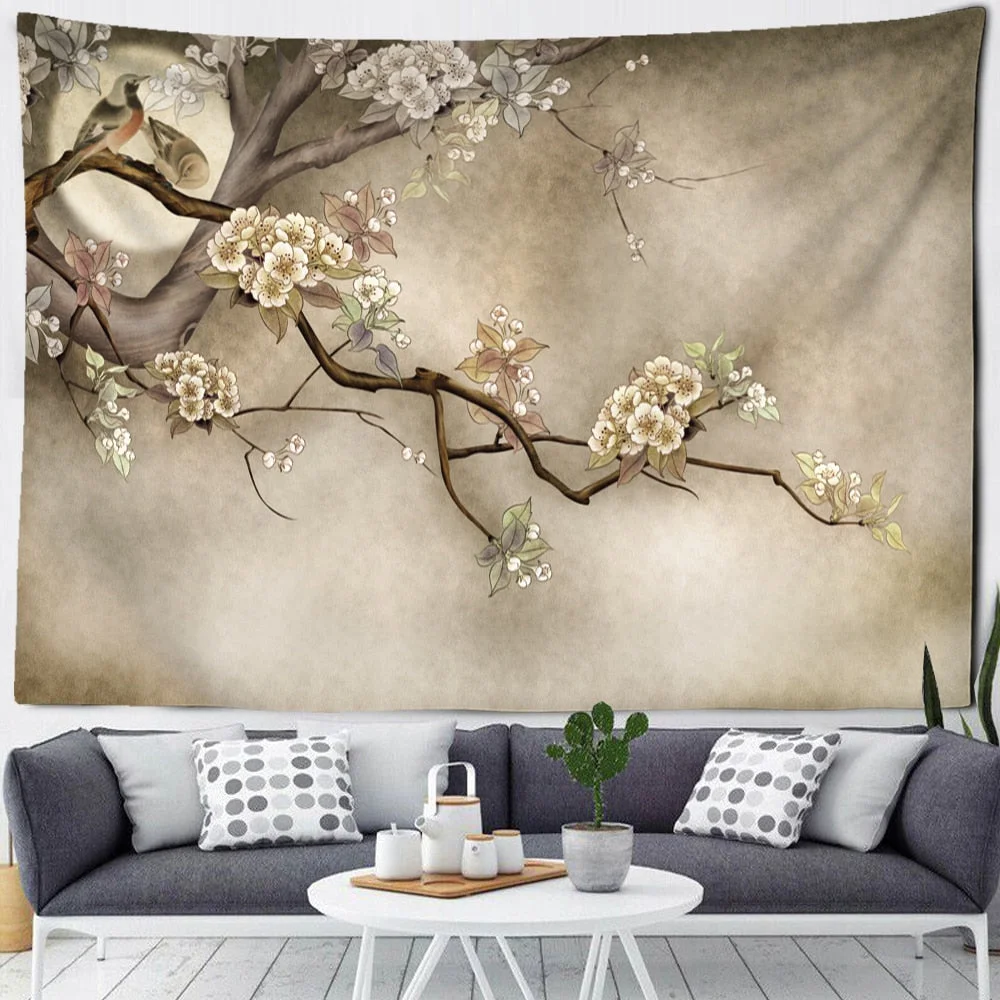 Flower Bird Oil Painting Tapestry Wall Hanging Bohemian Hippie Witchcraft Art Psychedelic Table Mat Home Decor