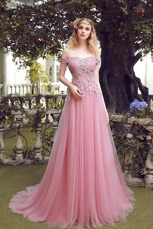 Luluslly Off-the-Shoulder Pink Prom Dress Lace Appliques