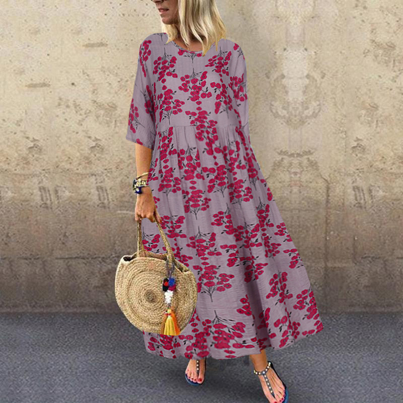 Fashion Plaid Casual Temperament Round Neck Swing Maxi Dress