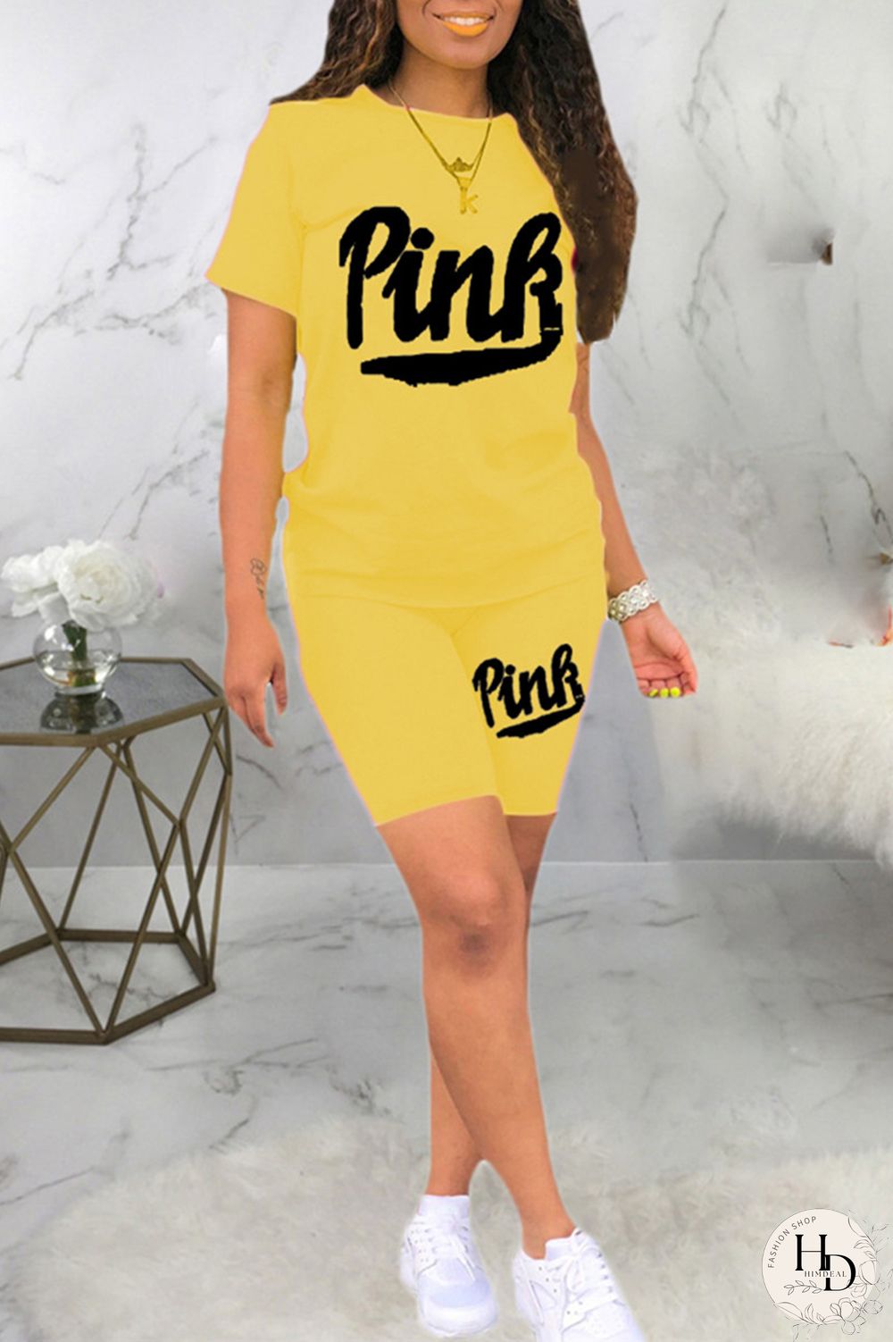 Black Fashion Casual Letter Print Basic O Neck Short Sleeve Two Pieces