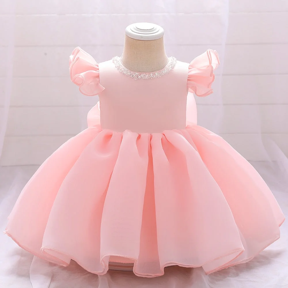 Summer Bow White Baptism Dress 1 Year Birthday Dress For Baby Girl Clothing Pink Party Wedding Beads Princess Dress Kids Clothes