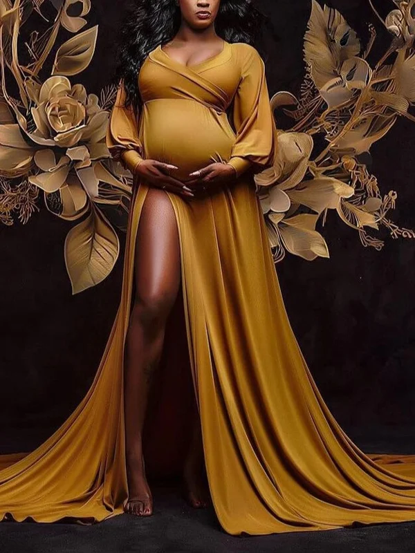 Maternity V Neck Long Sleeve Solid Color Maxi Dress