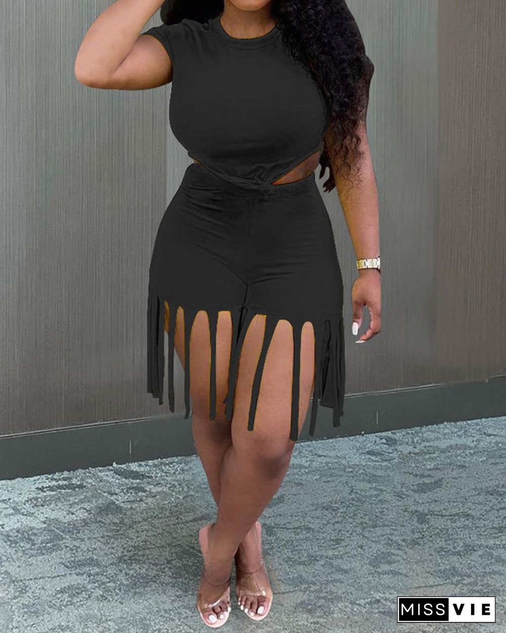 Sporty Fringe Embellished Bodycon Tank & Shorts 2-piece set