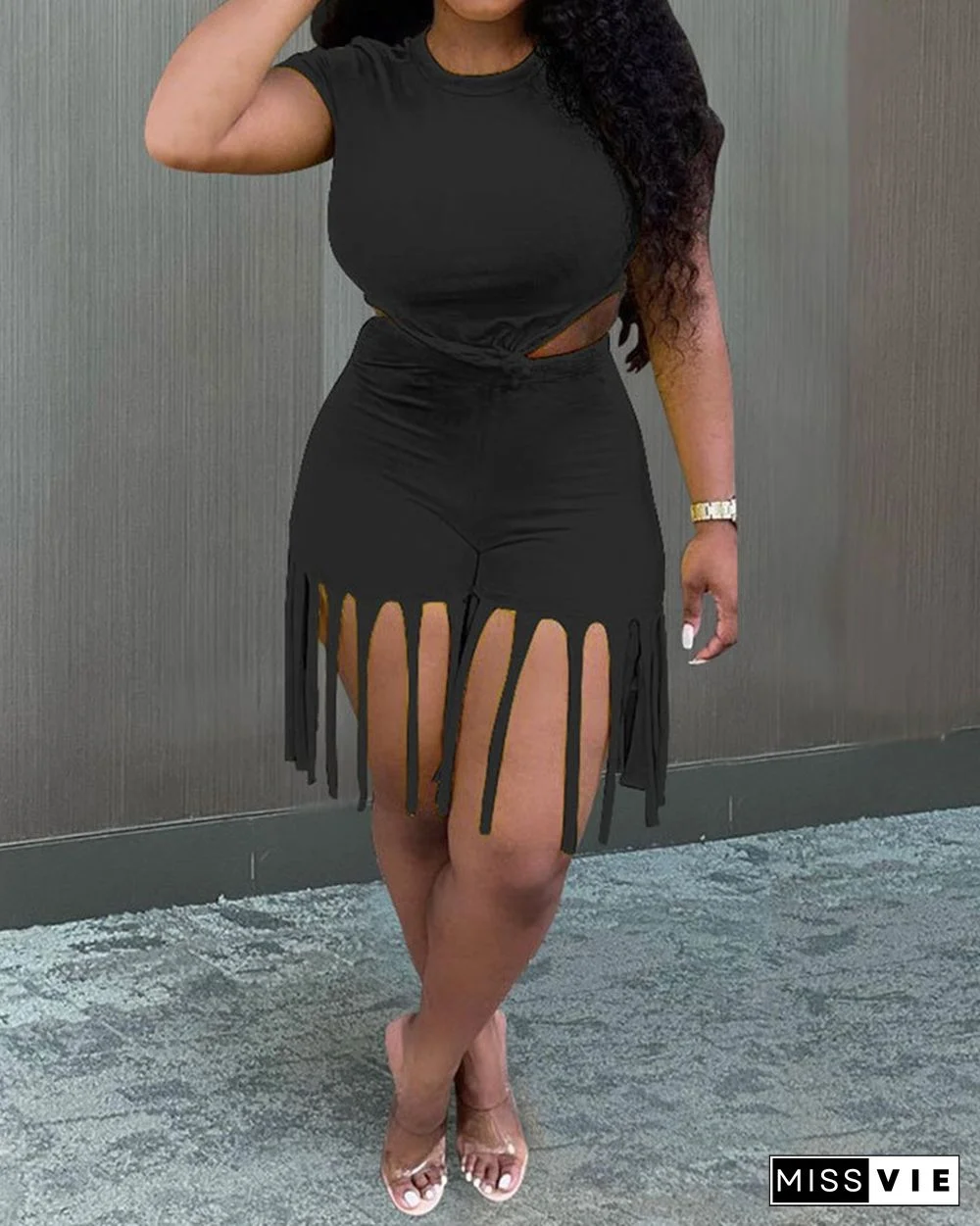 Sporty Fringe Embellished Bodycon Tank & Shorts 2-piece set