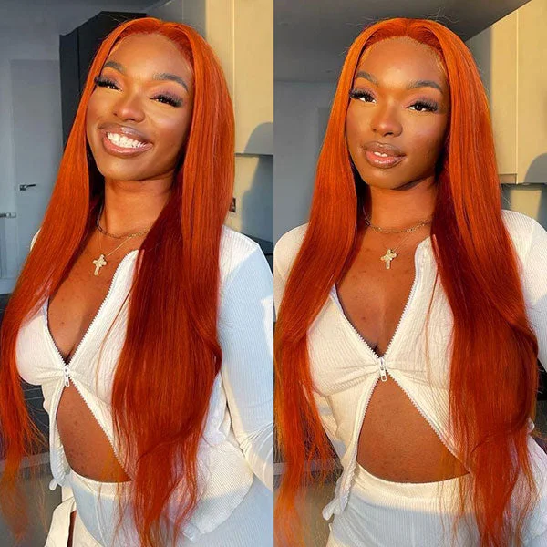 Junoda Ginger Color Transparent Lace Frontal Wigs Brazilian Straight Human Hair Wigs