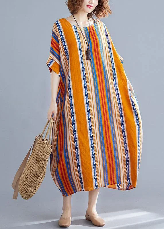 Plus Size Orange O-Neck Striped Summer Cotton Maxi Dresses