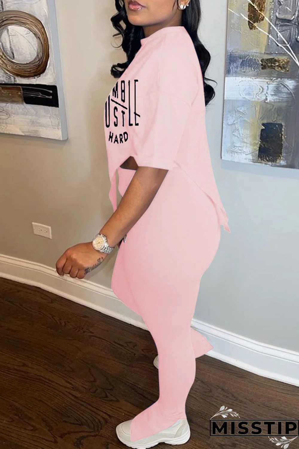 Black Fashion Casual Print Slit Asymmetrical O Neck Short Sleeve Two Pieces