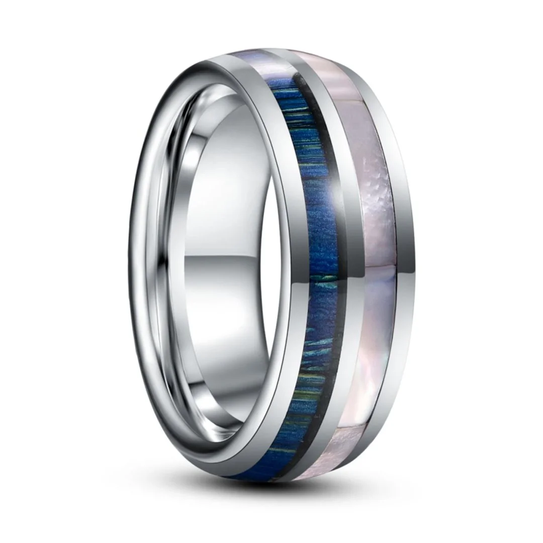 8mm Blue Wood Grain And White Mother Of Pearl Shell Tungsten Carbide Rings With Abalone Shell Inlay Men's Wedding Bands