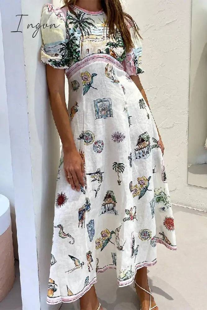 Ingvn - Casual Vintage Cartoon Print Patchwork O Neck A Line Dresses White / S Dresses/Casual