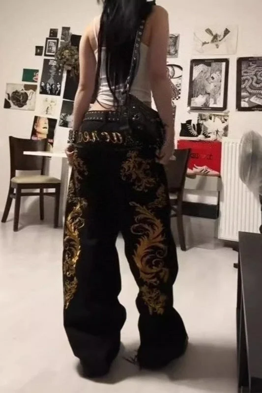 Trendy Heavy Duty Gold Print Wide Leg Pants