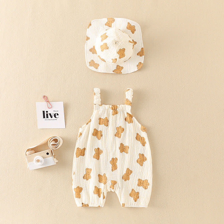 Baby Apricot Bear Strap Romper with Hat