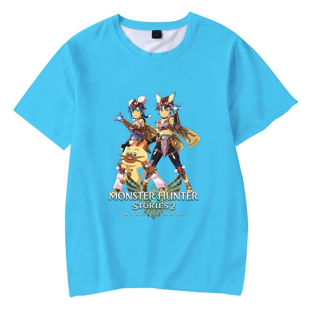 Monster Hunter Stories 2 Wings of Ruin T-Shirt Blue Crew Neck Short Sleeves Summer Top for Kids Adult Home Outdoor Wear