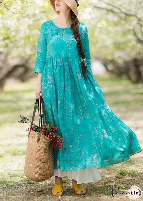 Women Green Print dresses O-Neck Patchwork A Line Spring Dresses