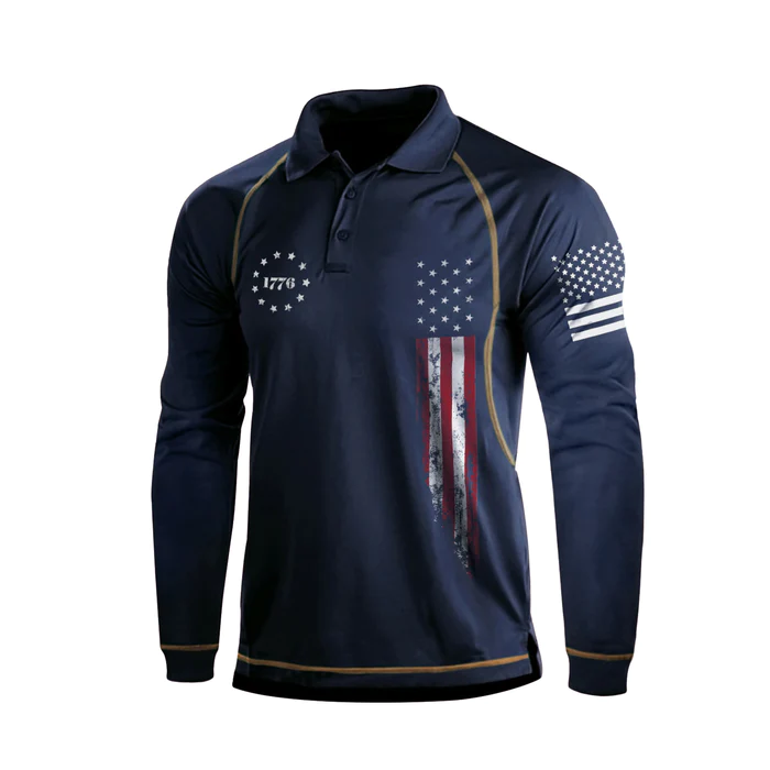 1776 USA FLAG RAGLAN GRAPHIC LONG SLEEVE POLO SHIRT